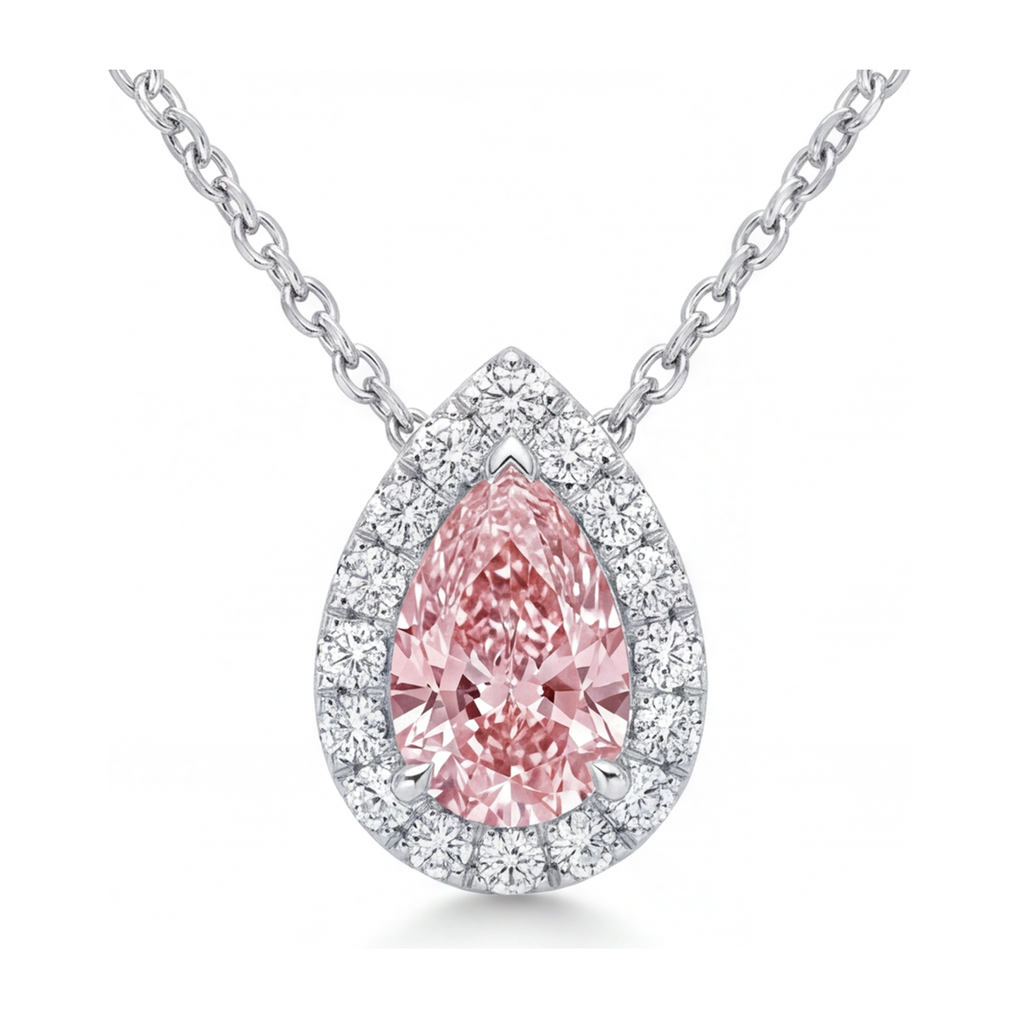 Rosa Diamant-Halskette, 2 Karat, im Labor gezüchtet, Tropfen-Halo-Anhänger, 14 Karat Weißgold