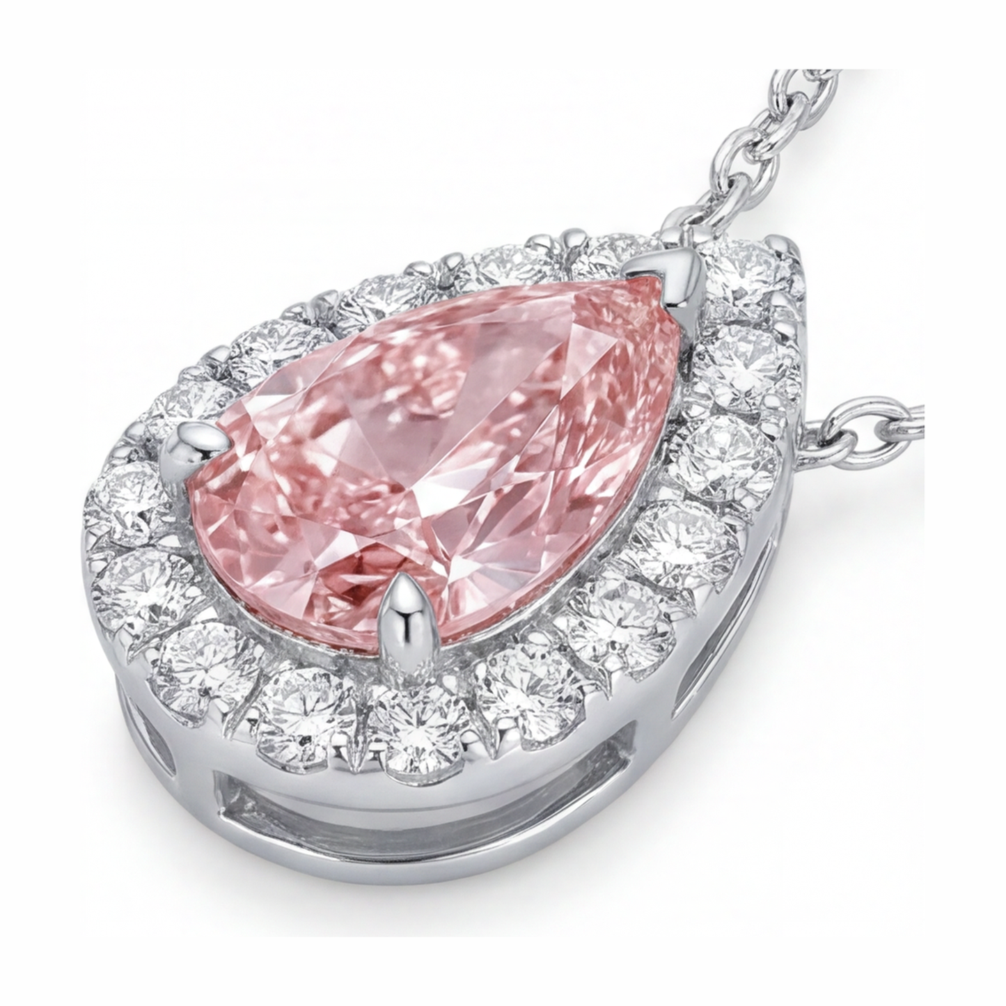 Rosa Diamant-Halskette, 2 Karat, im Labor gezüchtet, Tropfen-Halo-Anhänger, 14 Karat Weißgold