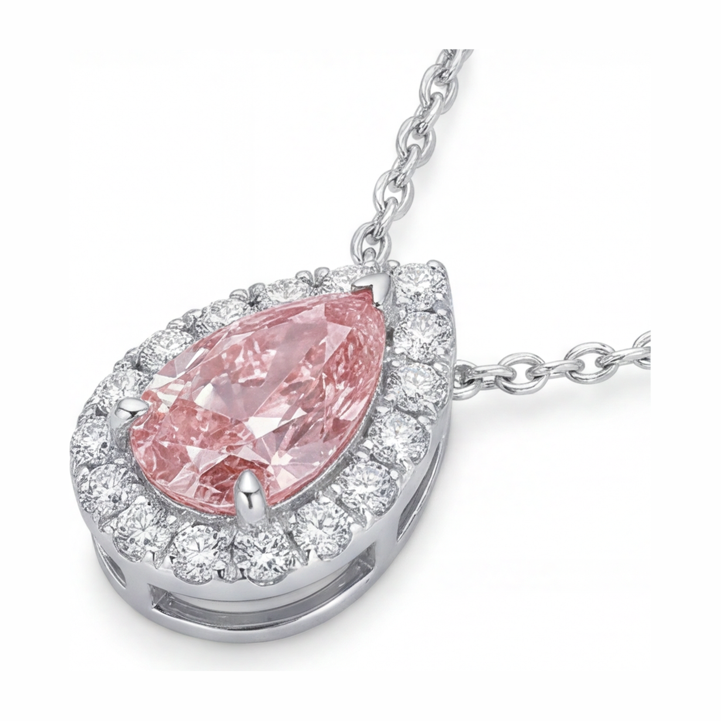 Rosa Diamant-Halskette, 2 Karat, im Labor gezüchtet, Tropfen-Halo-Anhänger, 14 Karat Weißgold