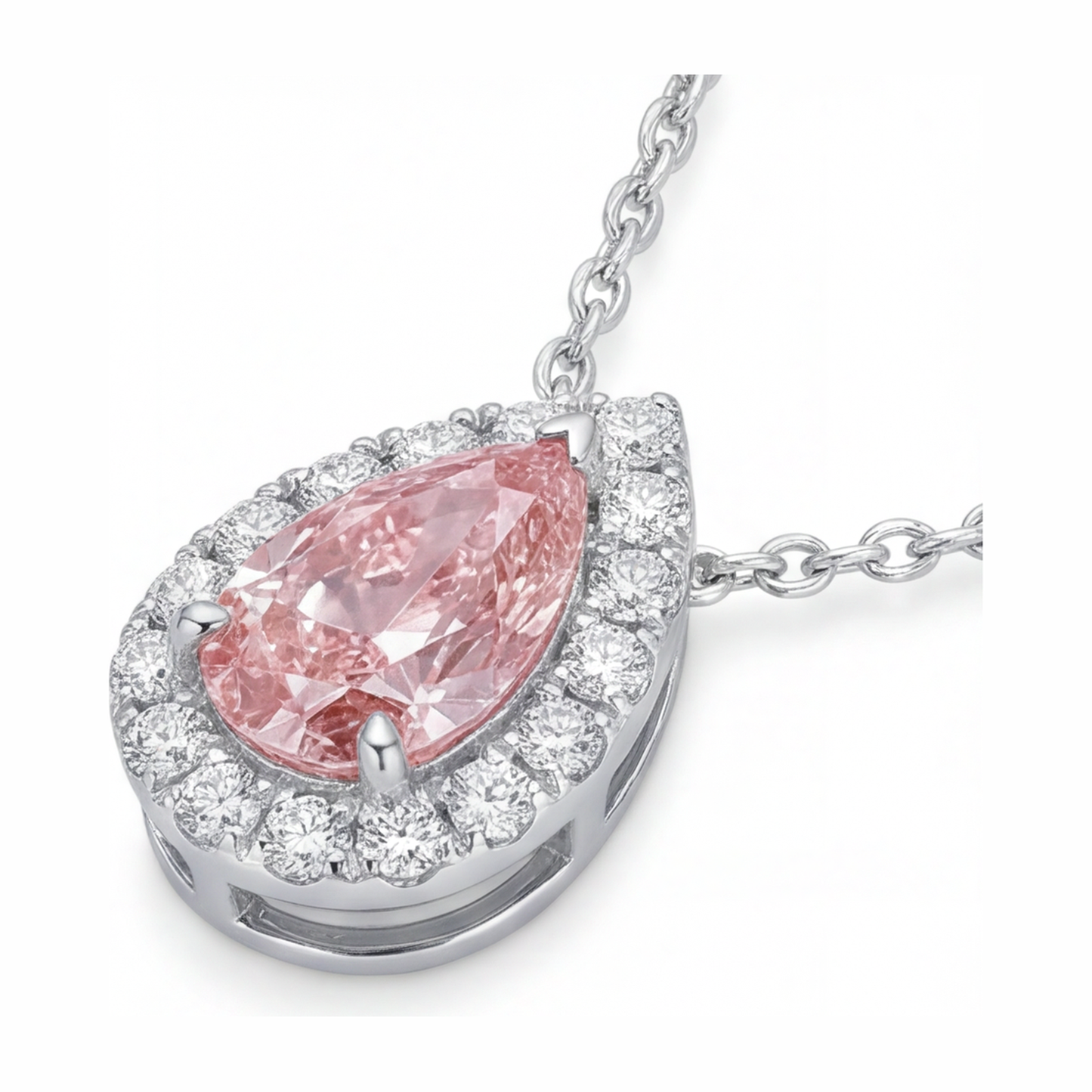 Rosa Diamant-Halskette, 2 Karat, im Labor gezüchtet, Tropfen-Halo-Anhänger, 14 Karat Weißgold