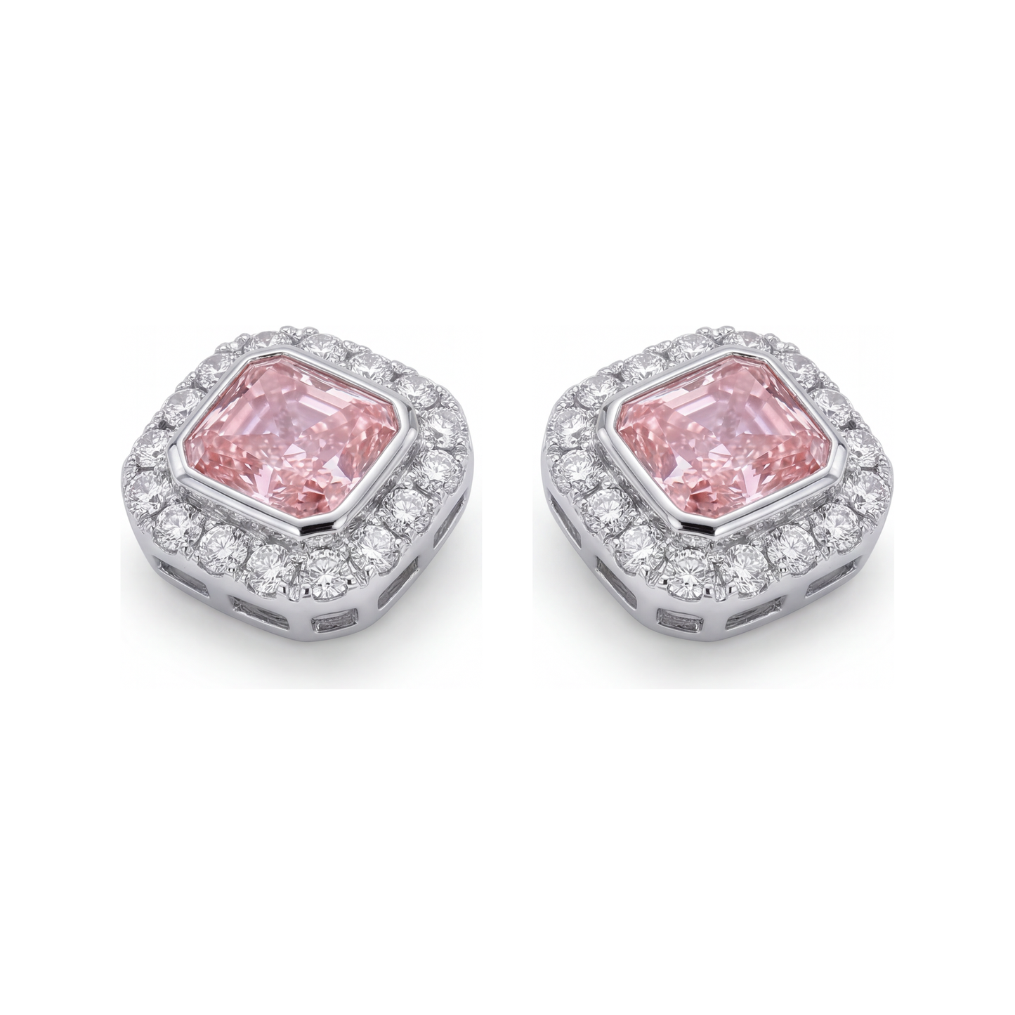 Rosa Diamant-Ohrringe 2 Karat im Labor gezüchtet Radiantschliff Halo 14 Karat Weißgold