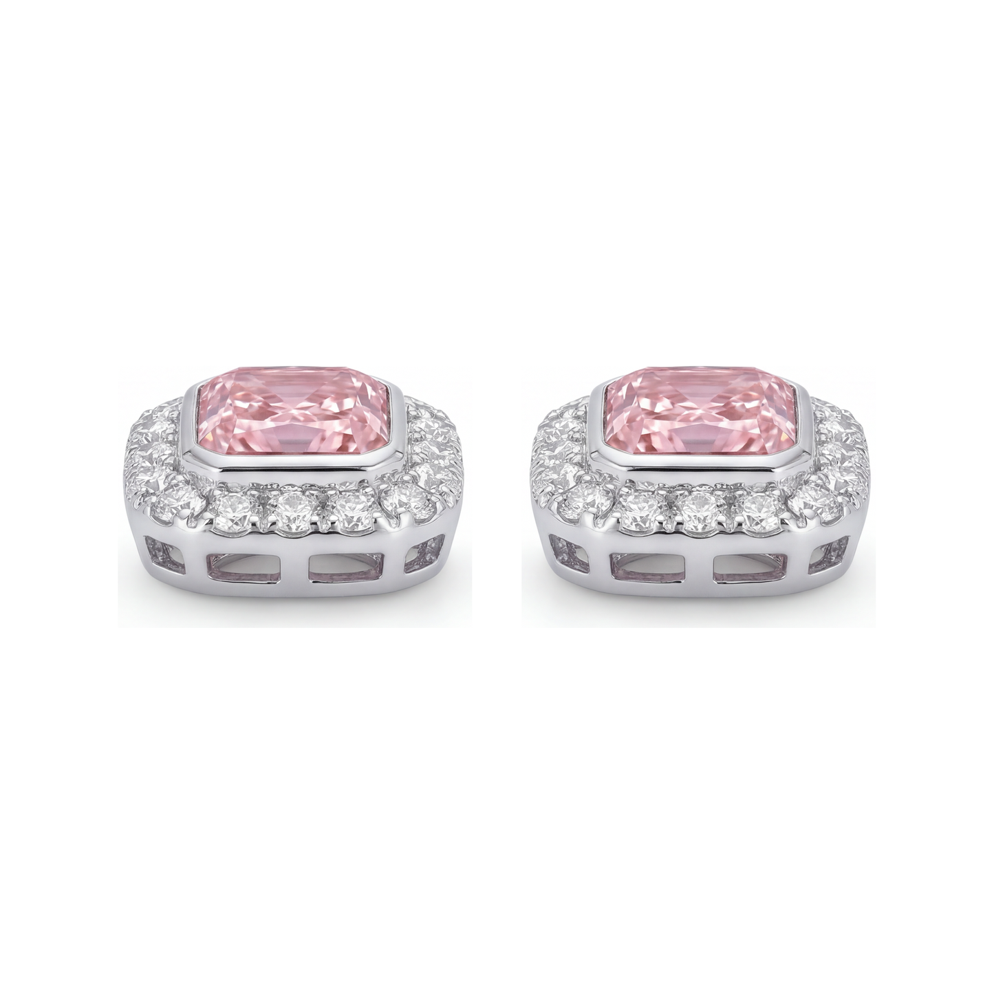 Rosa Diamant-Ohrringe 2 Karat im Labor gezüchtet Radiantschliff Halo 14 Karat Weißgold