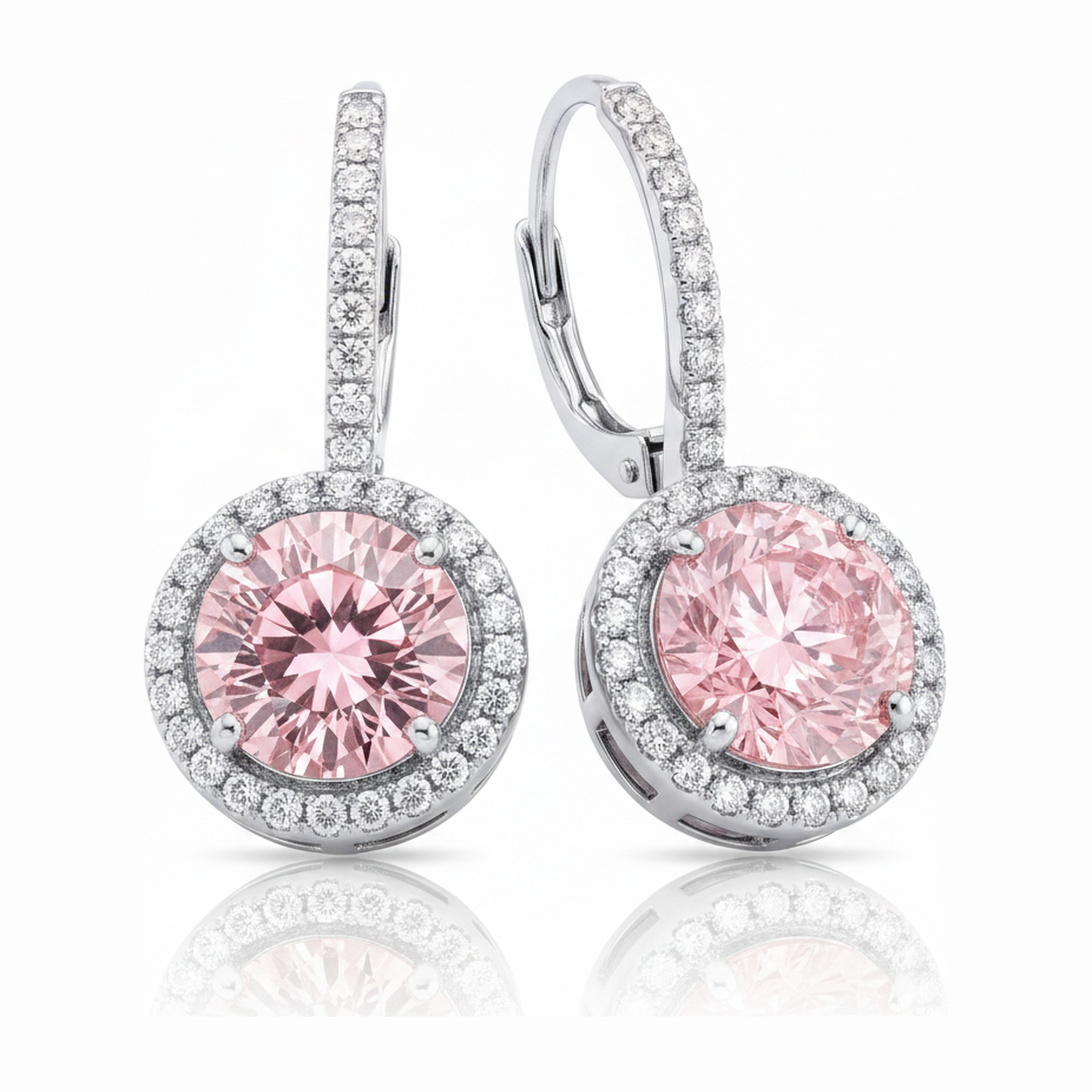 Ohrringe mit rosa Diamanten 2 Karat im Labor gezüchtet Rund Halo 14 Karat Weißgold