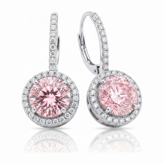 Ohrringe mit rosa Diamanten 2 Karat im Labor gezüchtet Rund Halo 14 Karat Weißgold