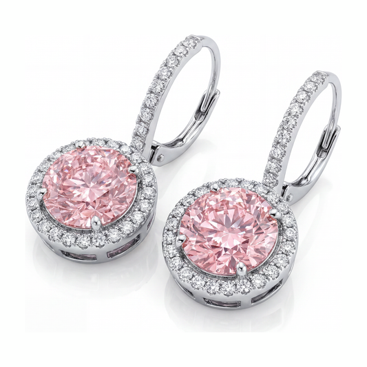 Ohrringe mit rosa Diamanten 2 Karat im Labor gezüchtet Rund Halo 14 Karat Weißgold