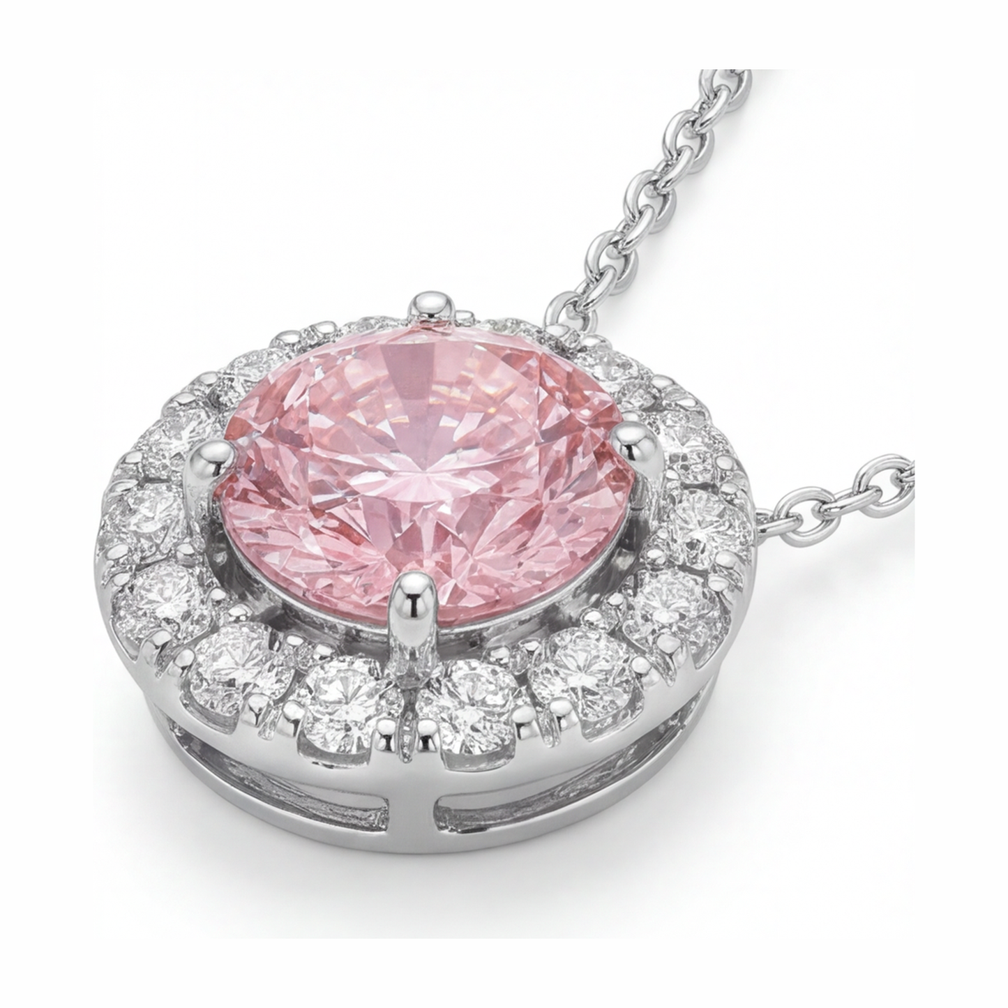 Rosa Diamant-Halskette 2 Karat im Labor gezüchtet Runder Halo-Anhänger 14 Karat Weißgold