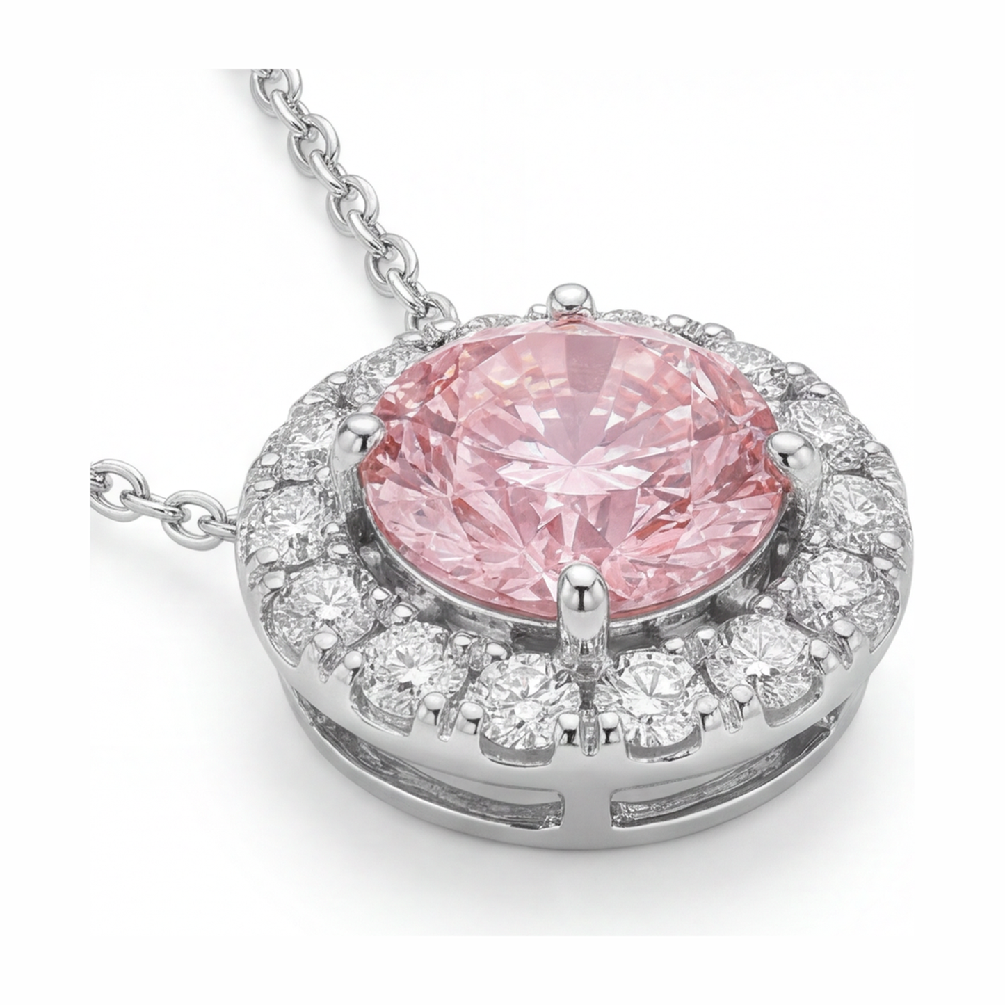 Rosa Diamant-Halskette 2 Karat im Labor gezüchtet Runder Halo-Anhänger 14 Karat Weißgold