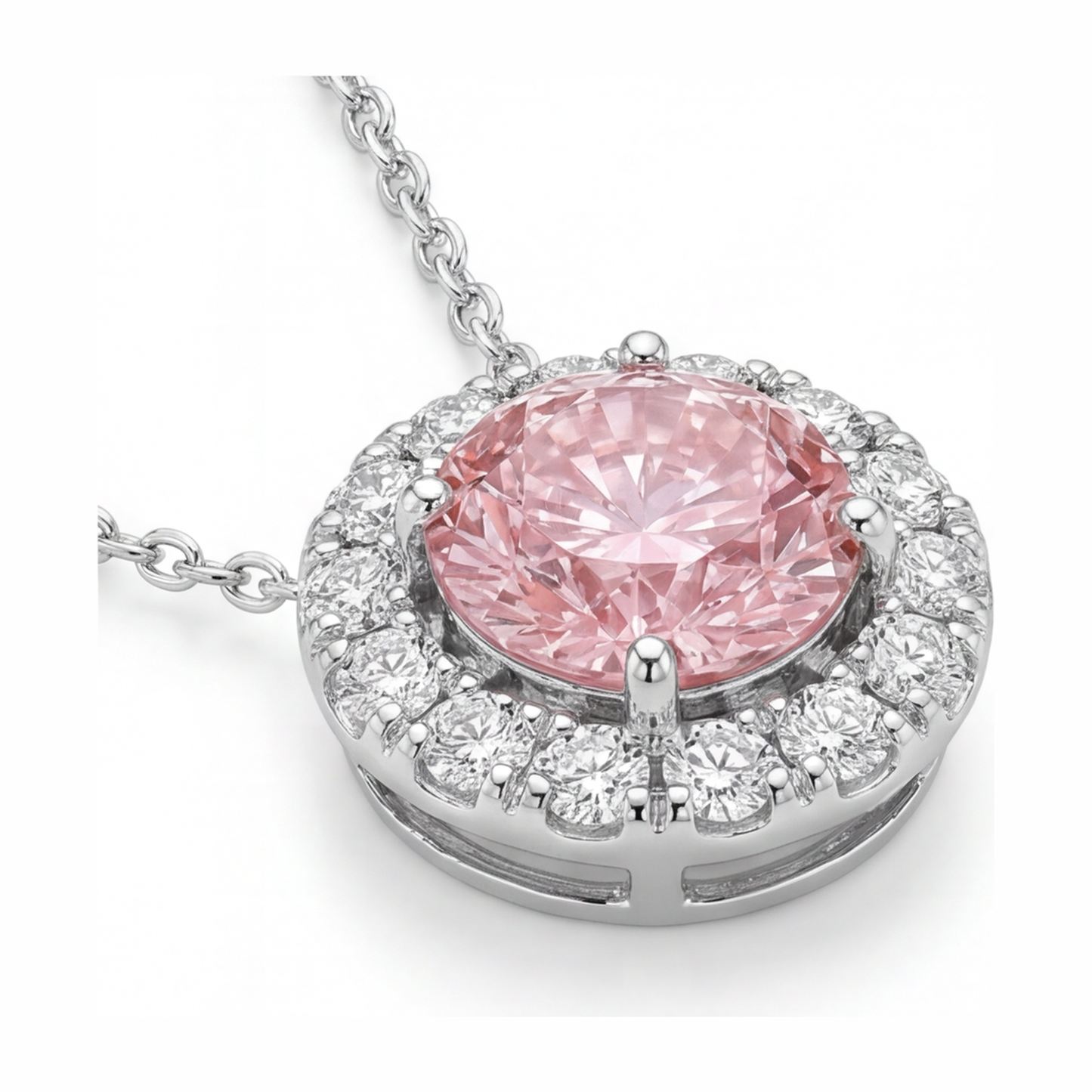 Rosa Diamant-Halskette 2 Karat im Labor gezüchtet Runder Halo-Anhänger 14 Karat Weißgold