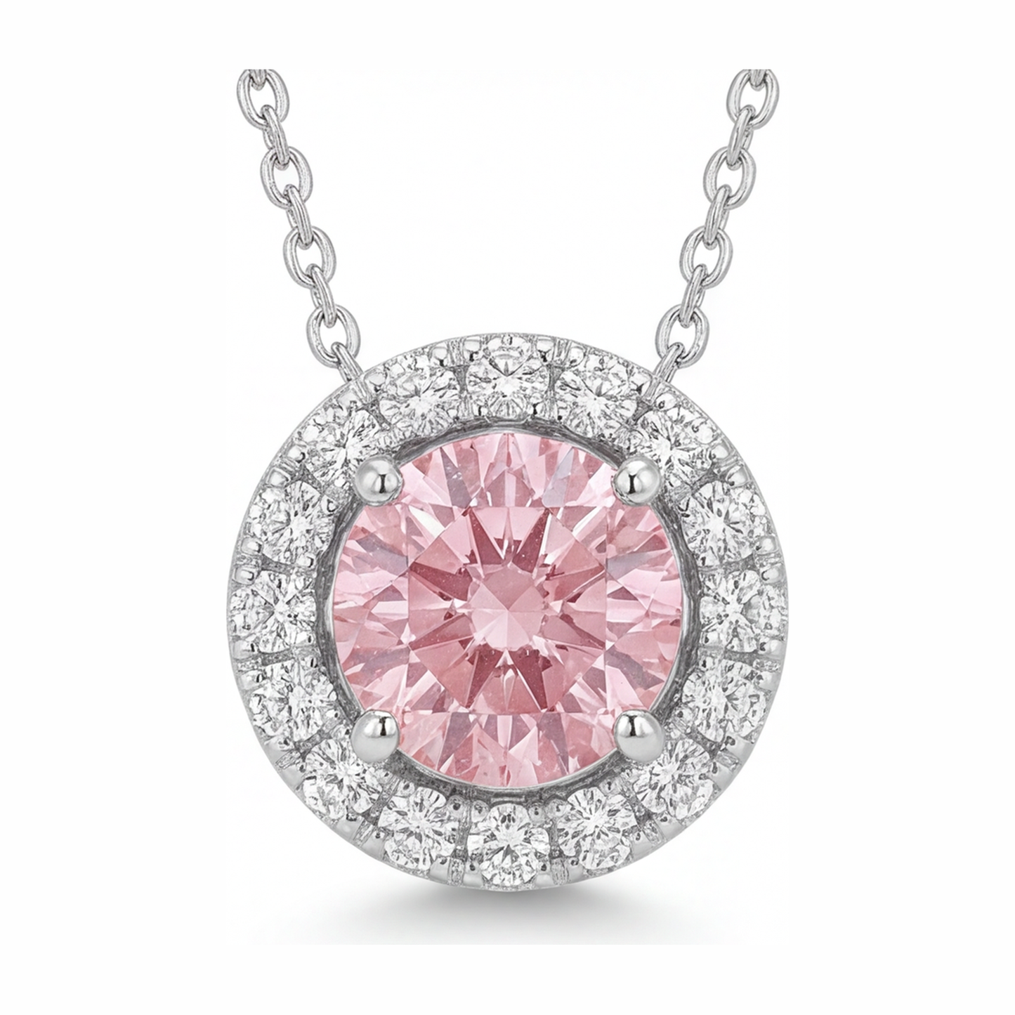 Rosa Diamant-Halskette 2 Karat im Labor gezüchtet Runder Halo-Anhänger 14 Karat Weißgold