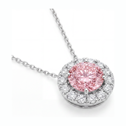 Rosa Diamant-Halskette 2 Karat im Labor gezüchtet Runder Halo-Anhänger 14 Karat Weißgold