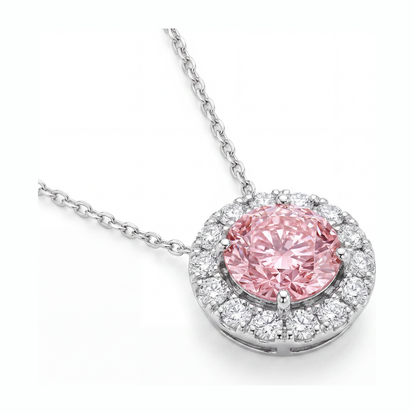 Rosa Diamant-Halskette 2 Karat im Labor gezüchtet Runder Halo-Anhänger 14 Karat Weißgold