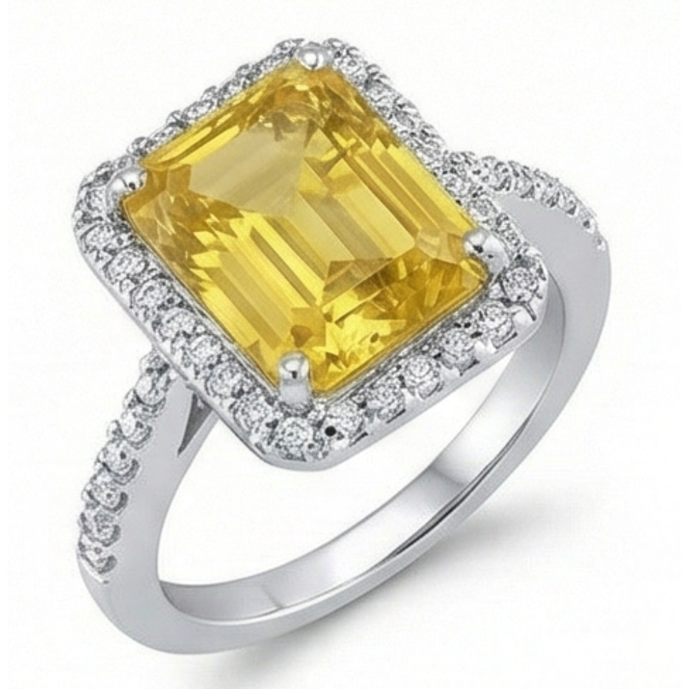 22 Karat Gelber Citrin und Aus der Erde Abgebauter Natürlicher Diamant Ehering Weißgold Schmuck