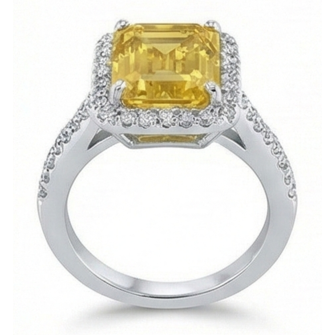 22 Karat Gelber Citrin und Aus der Erde Abgebauter Natürlicher Diamant Ehering Weißgold Schmuck
