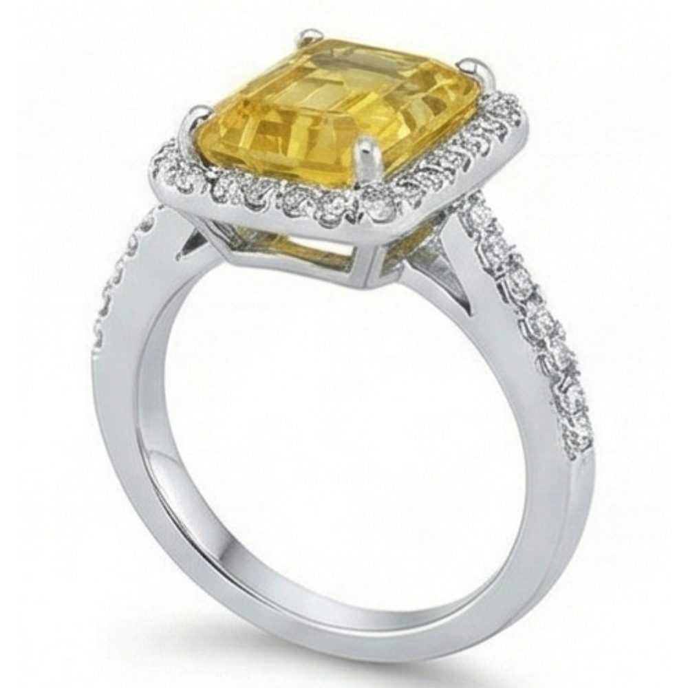 22 Karat Gelber Citrin und Aus der Erde Abgebauter Natürlicher Diamant Ehering Weißgold Schmuck