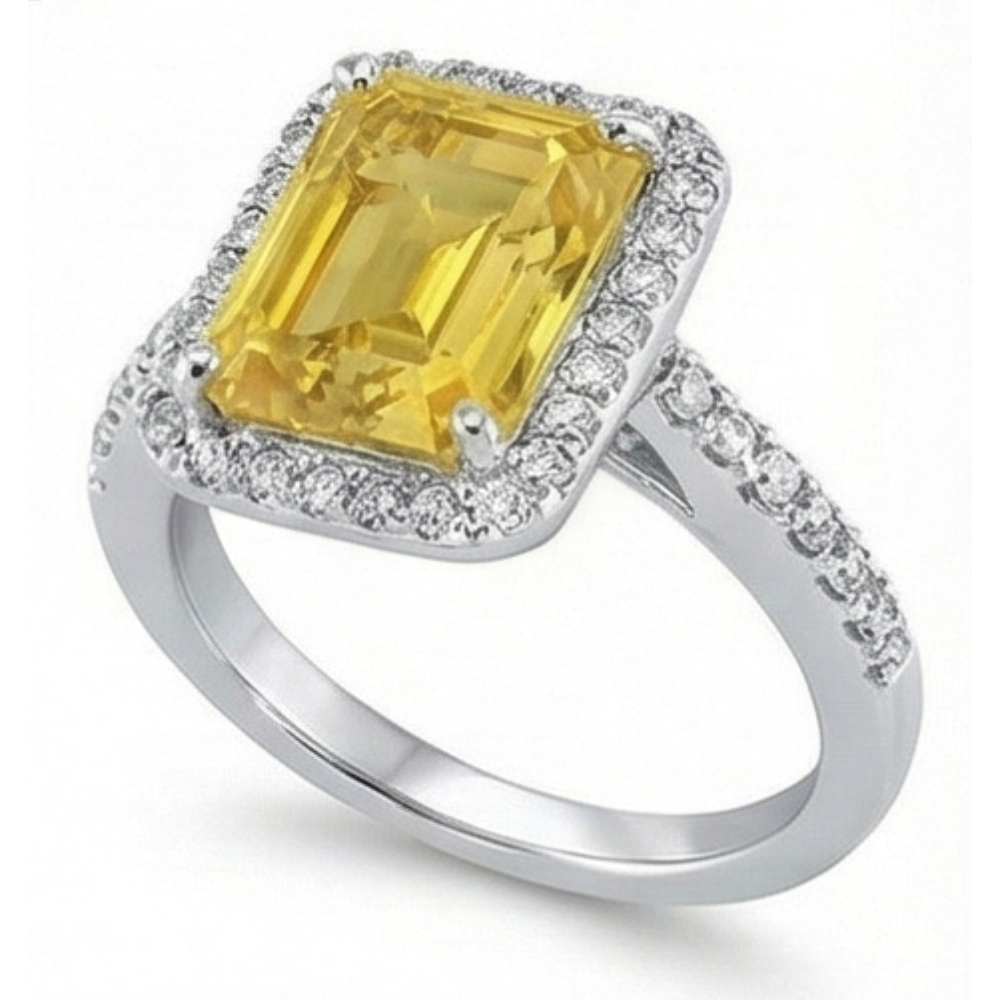 22 Karat Gelber Citrin und Aus der Erde Abgebauter Natürlicher Diamant Ehering Weißgold Schmuck