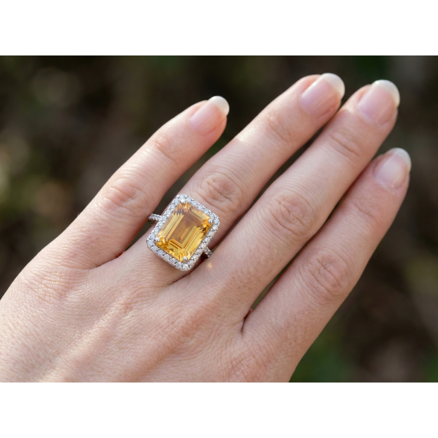 22 Karat Gelber Citrin und Aus der Erde Abgebauter Natürlicher Diamant Ehering Weißgold Schmuck
