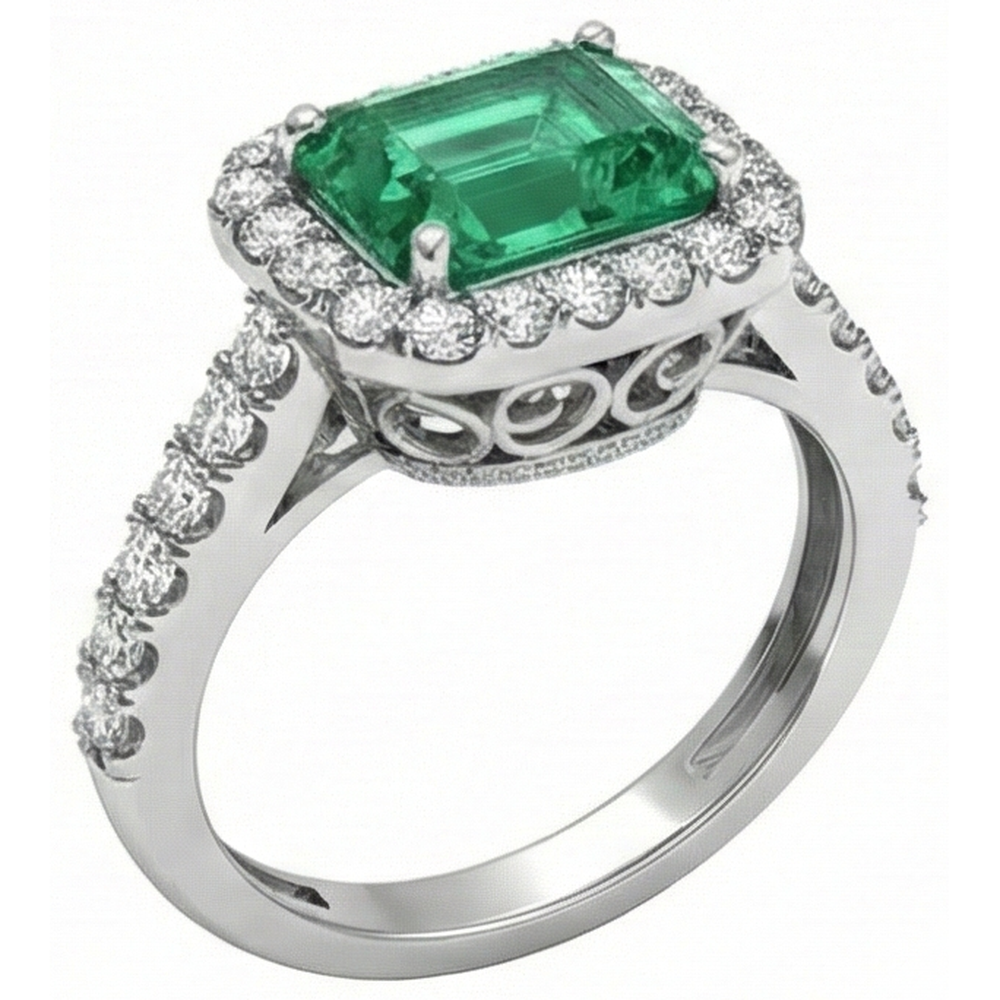 24 Kt Grüner Smaragd Und Aus der Erde Abgebauter Natürlicher Diamant Ehering Weißgold Schmuck