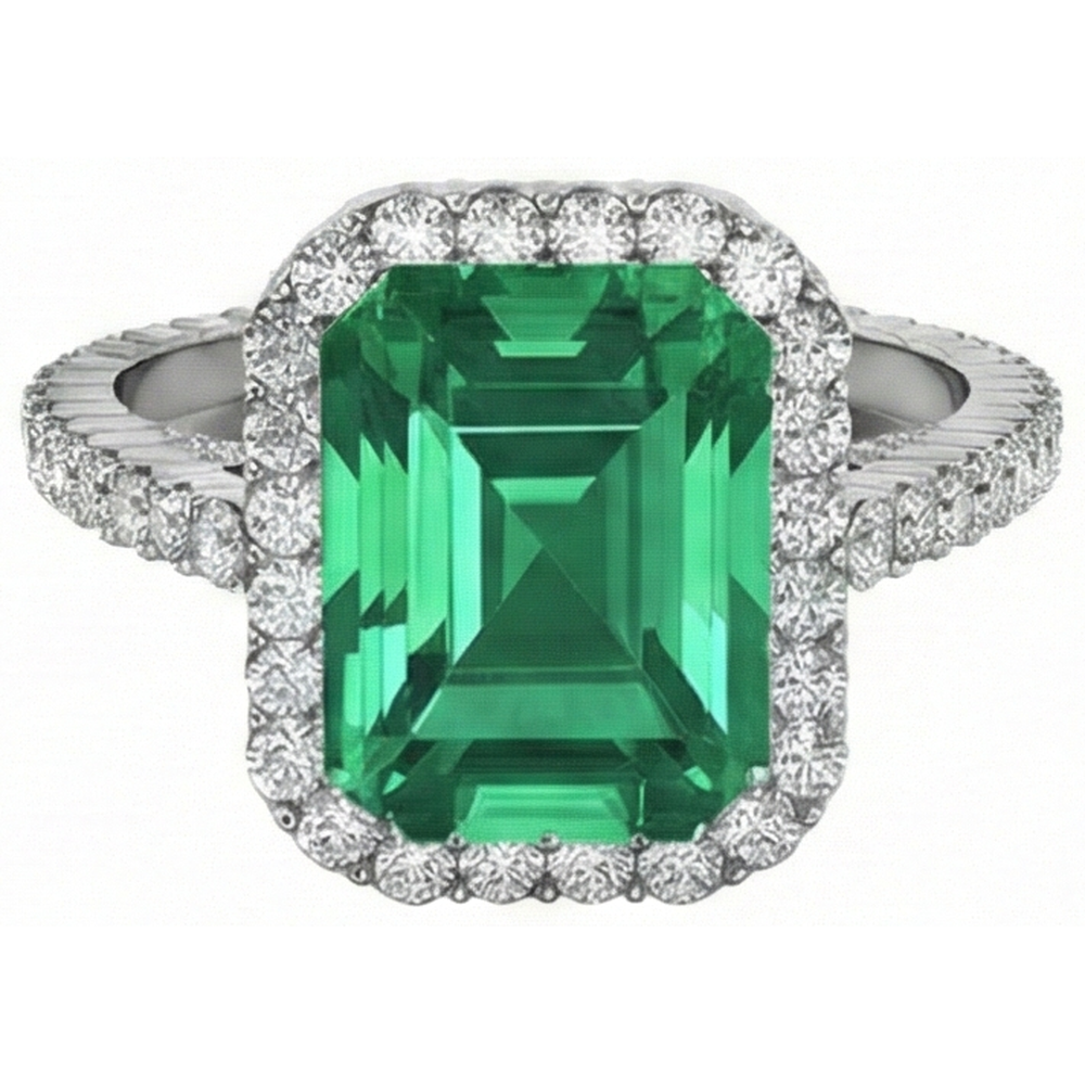 24 Kt Grüner Smaragd Und Aus der Erde Abgebauter Natürlicher Diamant Ehering Weißgold Schmuck
