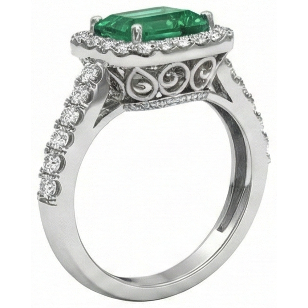 24 Kt Grüner Smaragd Und Aus der Erde Abgebauter Natürlicher Diamant Ehering Weißgold Schmuck