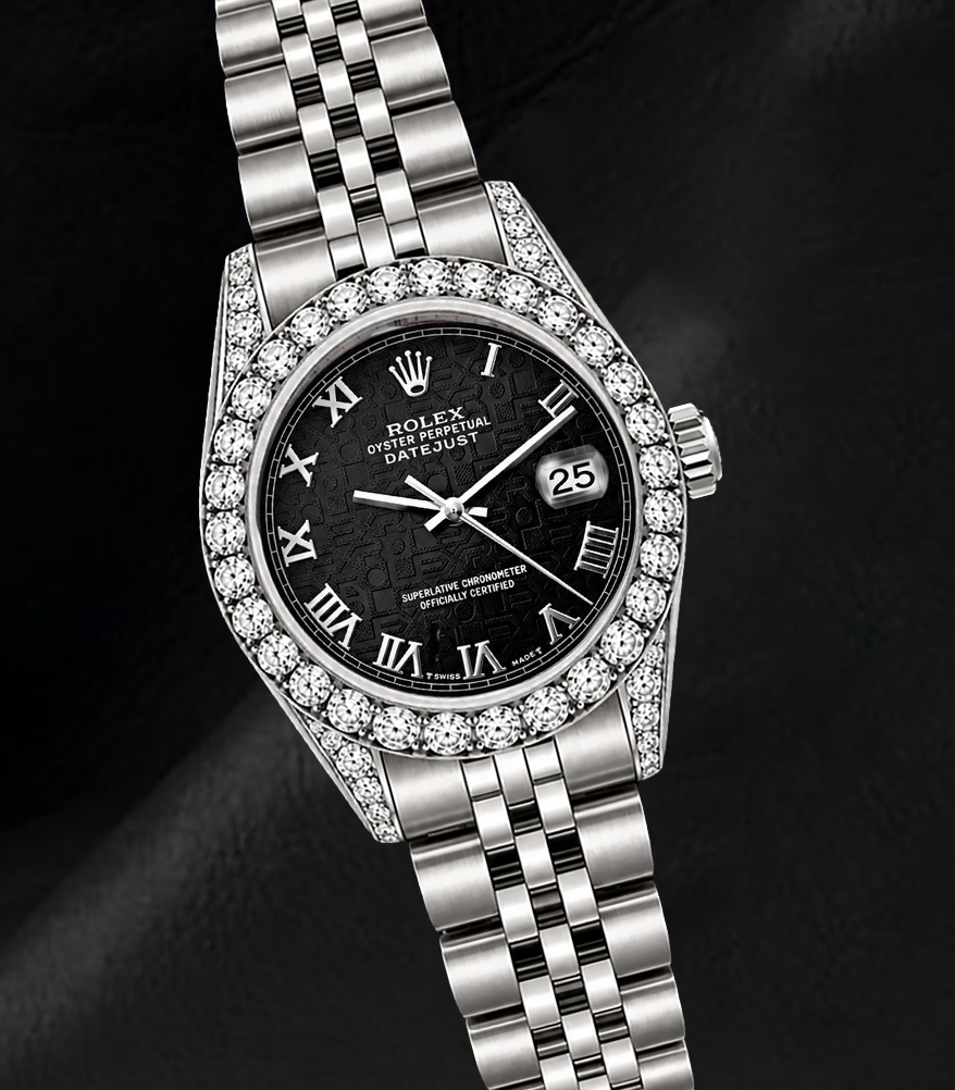 Rolex Datejust 6916 26 mm Edelstahluhr, schwarzes Zifferblatt mit römischen Ziffern, Diamantlünette