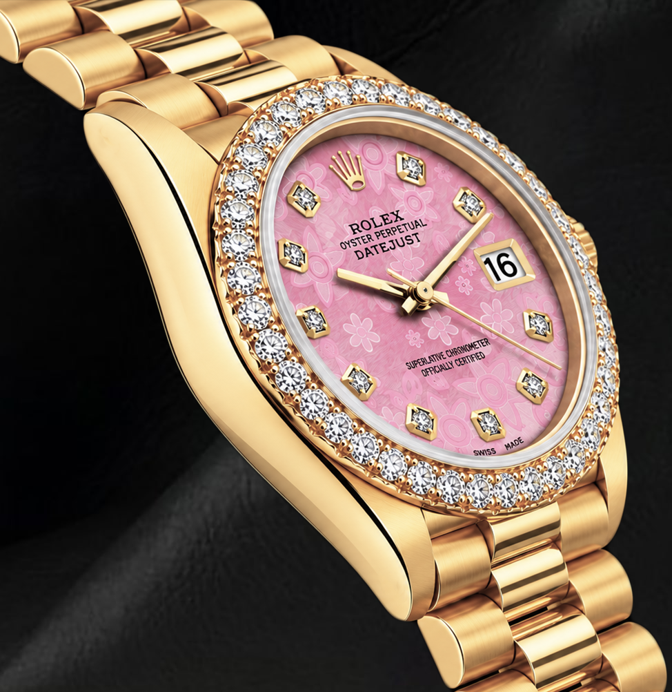 Rolex 26 mm Datejust 69178 18 Karat Uhr mit rosa Perlmutt-Diamantzifferblatt und President-Armband