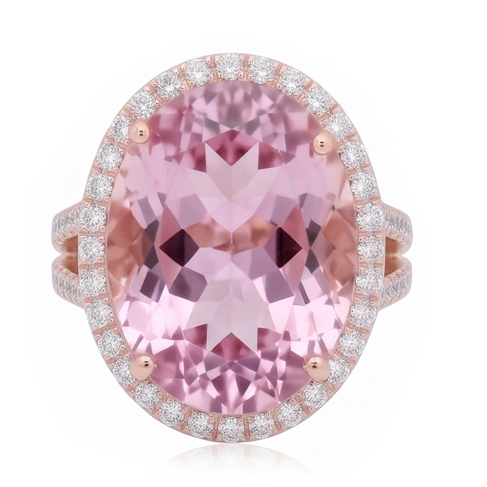 29.75 Karat Rosa Kunzit Und Aus der Erde Abgebauter Natürlicher Diamanten Ring Roségold 14K