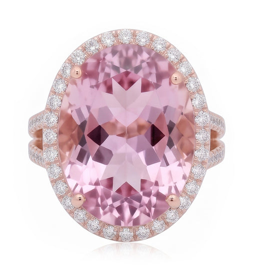 29.75 Karat Rosa Kunzit Und Aus der Erde Abgebauter Natürlicher Diamanten Ring Roségold 14K
