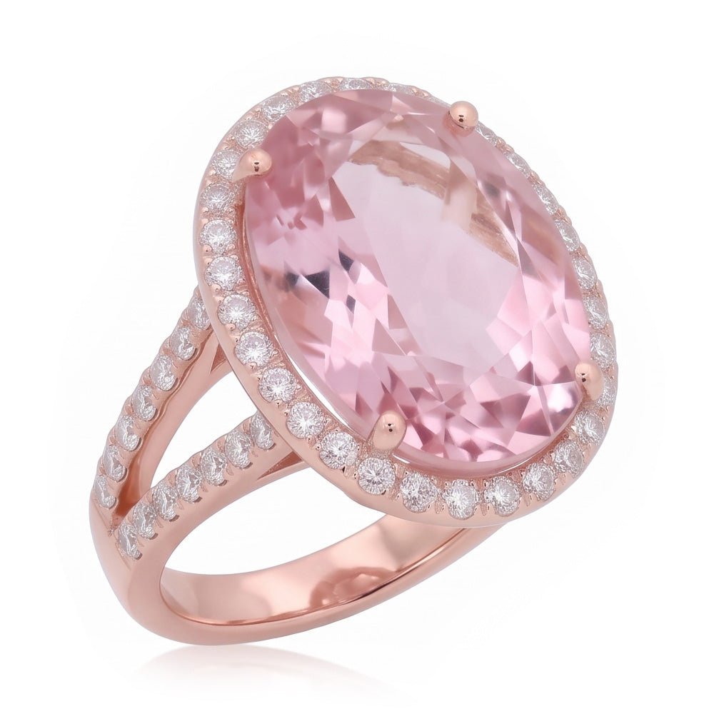 29.75 Karat Rosa Kunzit Und Aus der Erde Abgebauter Natürlicher Diamanten Ring Roségold 14K