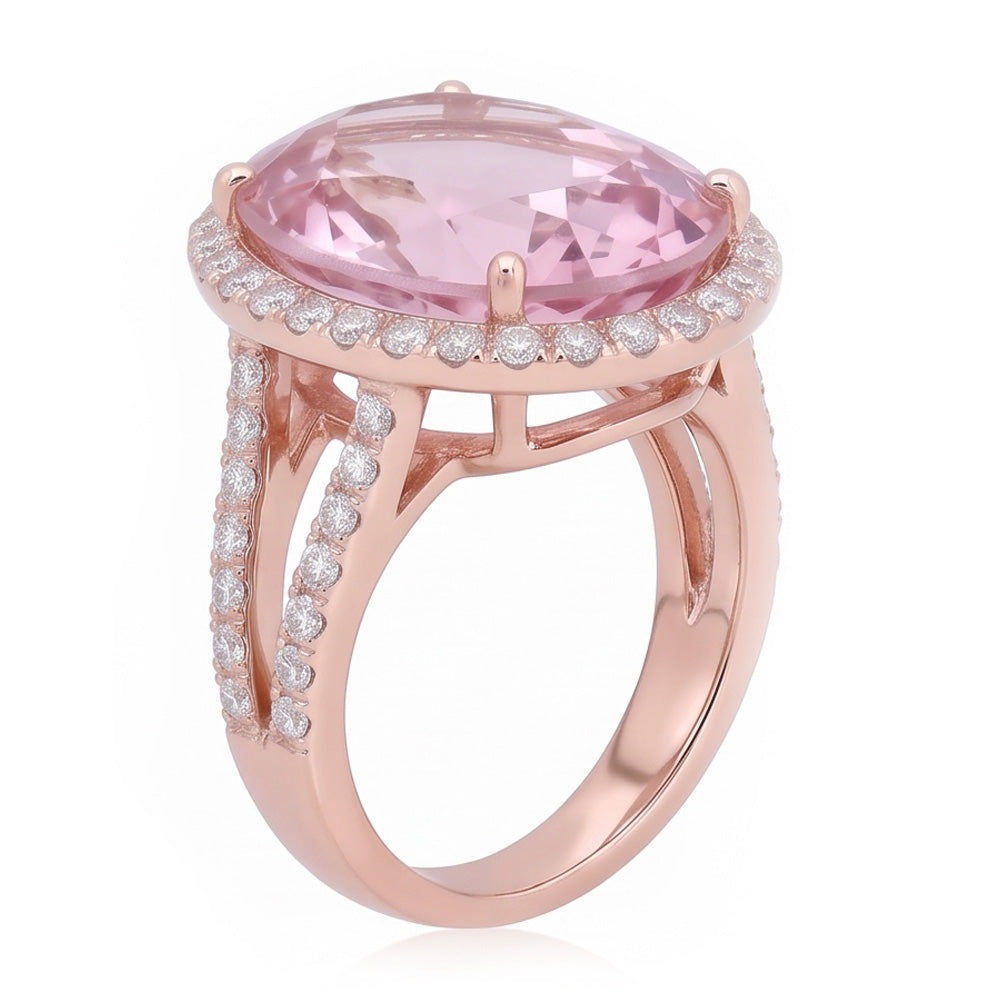 29.75 Karat Rosa Kunzit Und Aus der Erde Abgebauter Natürlicher Diamanten Ring Roségold 14K