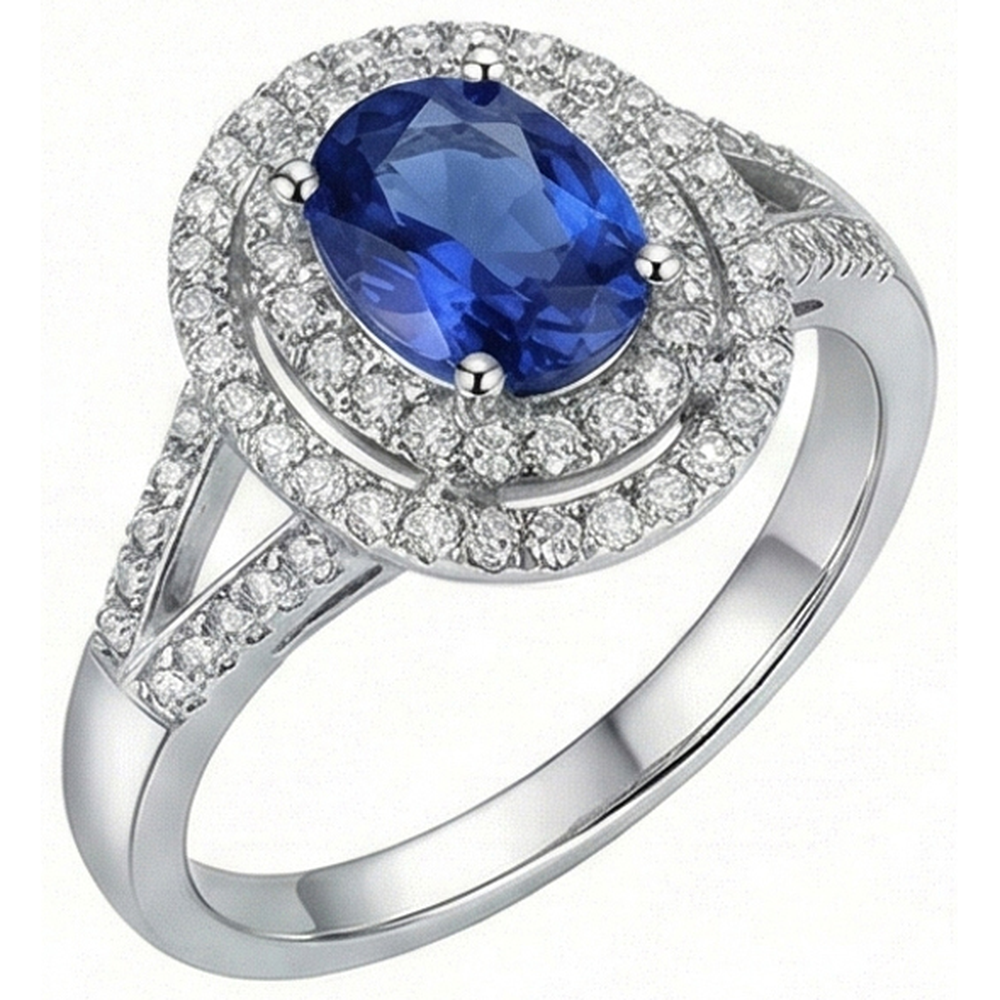 2,45 Kt Blauer Ovaler Saphir Mit Aus der Erde Abgebauter Natürlicher Diamant Ehering Weißgold 14K
