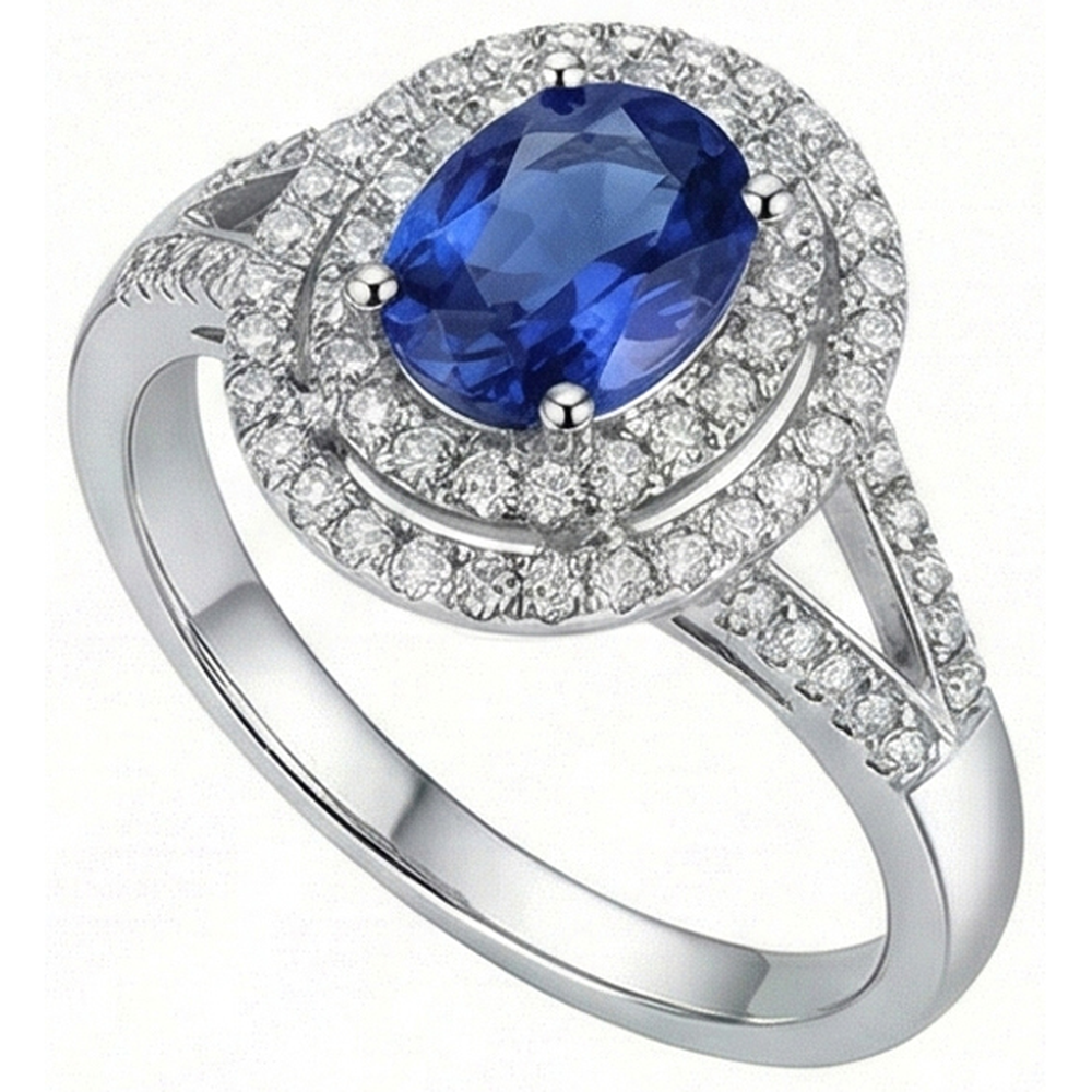 2,45 Kt Blauer Ovaler Saphir Mit Aus der Erde Abgebauter Natürlicher Diamant Ehering Weißgold 14K