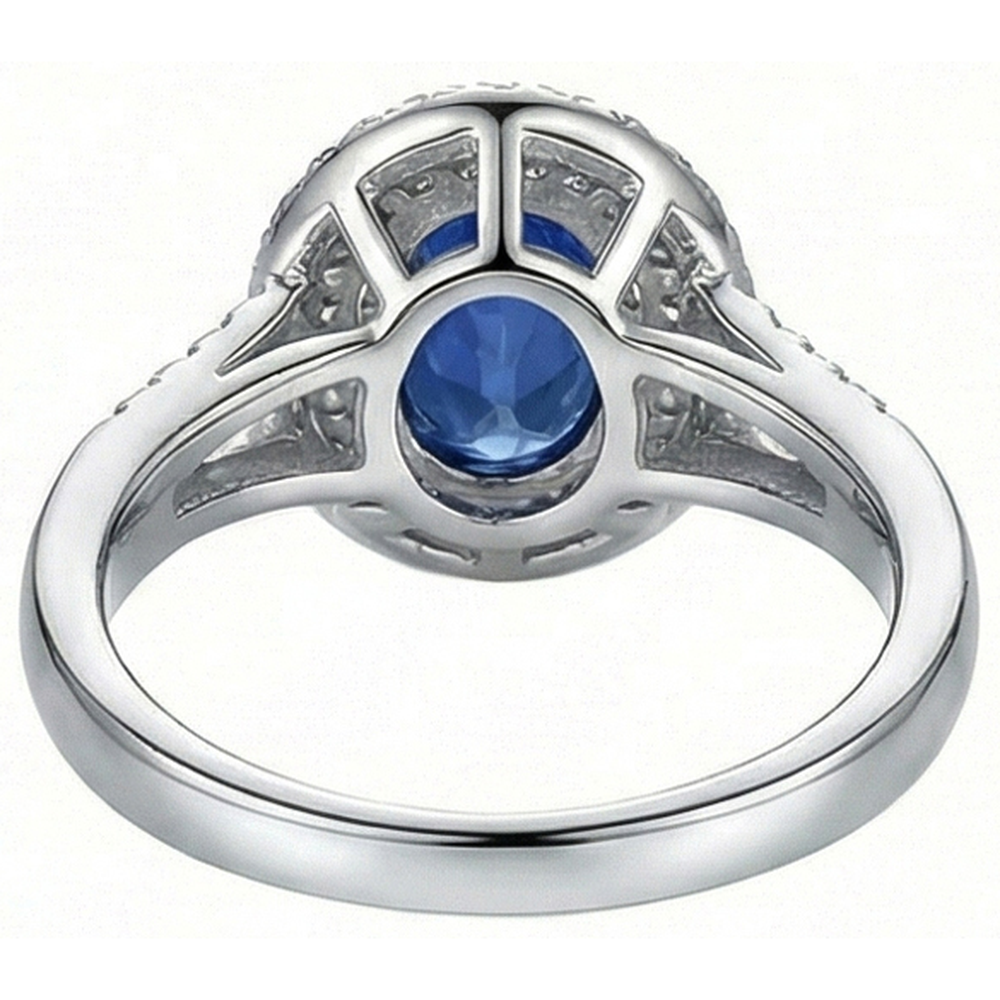 2,45 Kt Blauer Ovaler Saphir Mit Aus der Erde Abgebauter Natürlicher Diamant Ehering Weißgold 14K