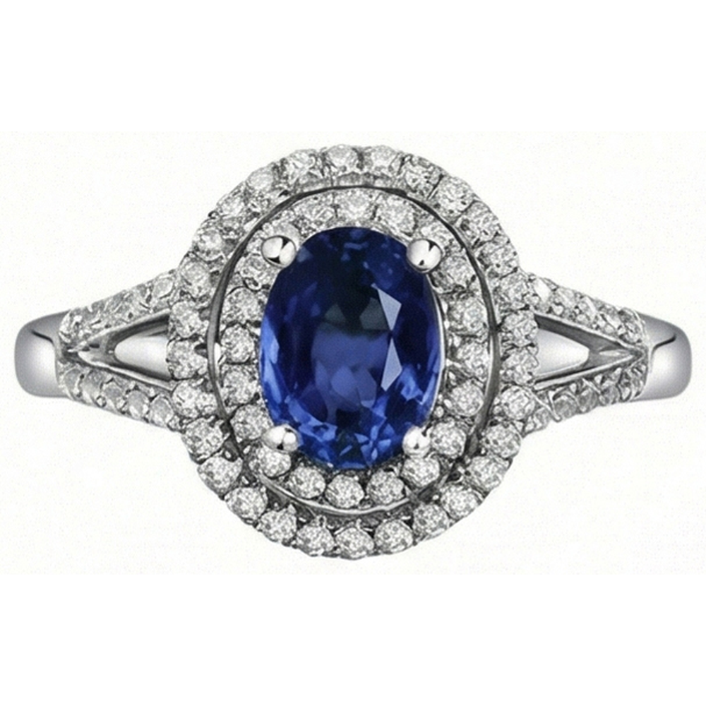 2,45 Kt Blauer Ovaler Saphir Mit Aus der Erde Abgebauter Natürlicher Diamant Ehering Weißgold 14K