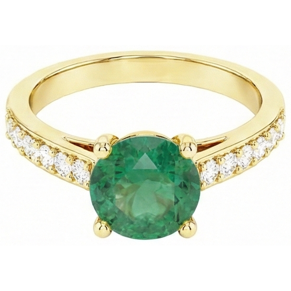 2,70 Karat Grün Smaragd Mit Aus der Erde Abgebauter Natürlicher Diamant 14K Gelbgold Verlobungsring