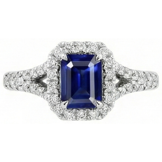 2,85 Karat Blauer Saphir und Aus der Erde Abgebauter Natürlicher Diamanten Ring Krappenset 14K Weißgold