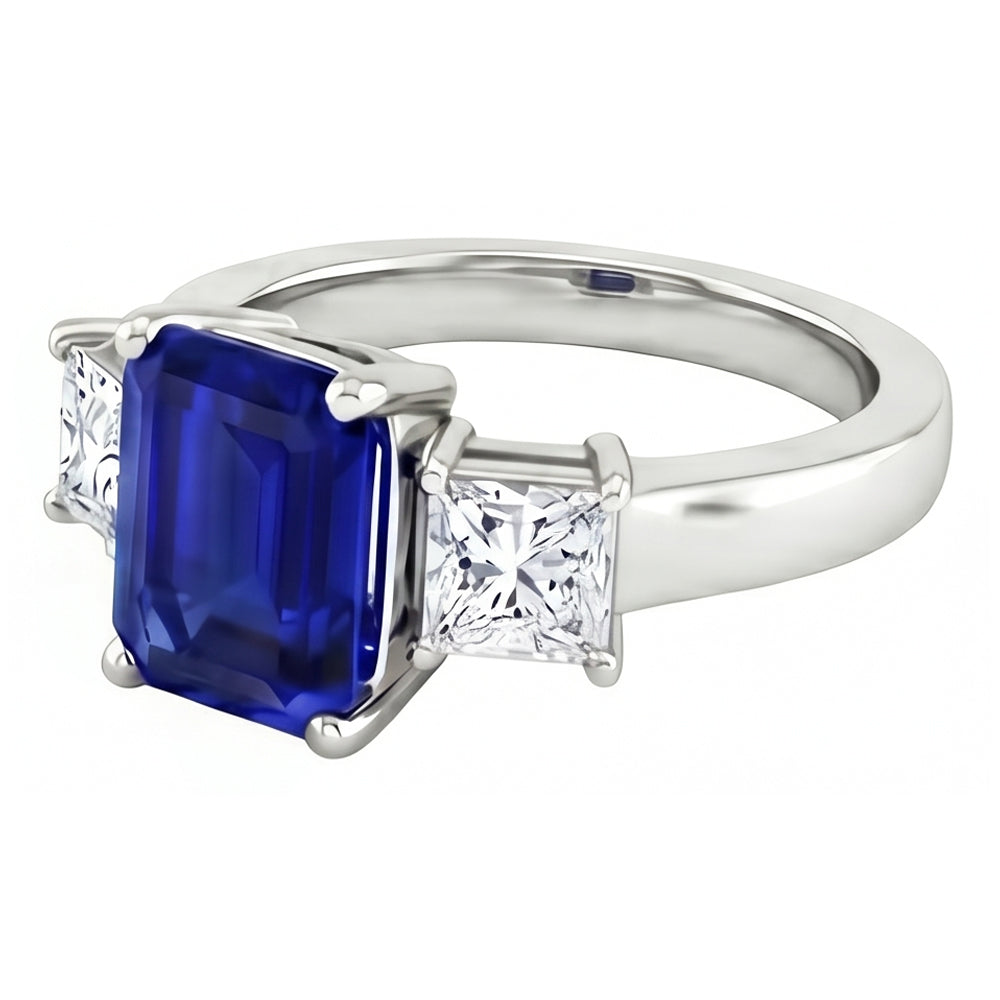 3.05 ct. Smaragd-Ceylon-Ring mit Saphir und Aus der Erde Abgebauter Natürlicher Diamanten mit drei Steinen
