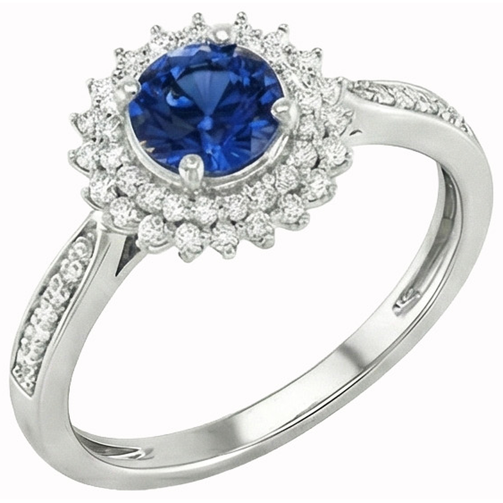 3.10 Kt Runder Ceylon Blauer Saphir & Aus der Erde Abgebauter Natürlicher Diamanten Ring WG 14K