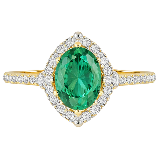 3.20 Karat Grün Smaragd Und Aus der Erde Abgebauter Natürlicher Diamanten Verlobungsring Gelbgold 14K