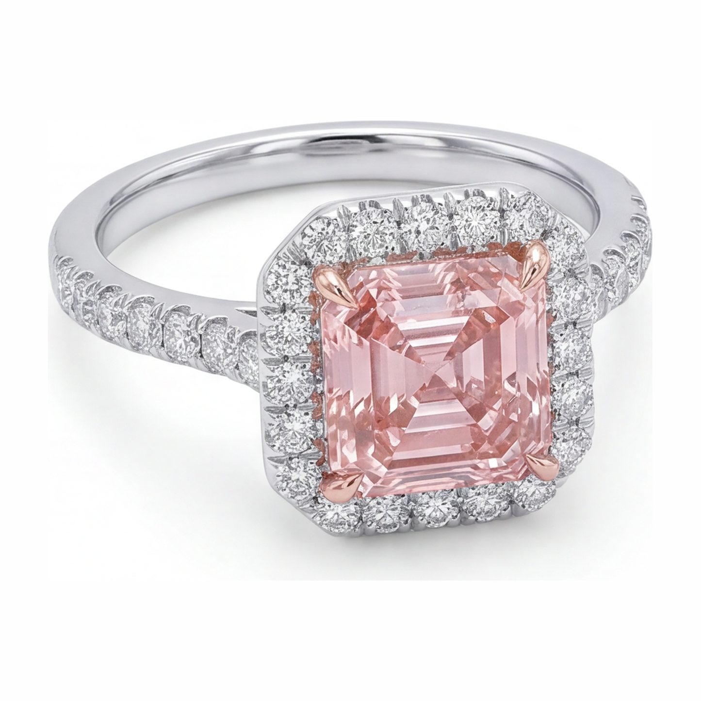 Damen-Verlobungsring mit rosa Diamant, 3,25 Karat, im Labor gezüchtet, Asscher Halo, 14 Karat Weißgold