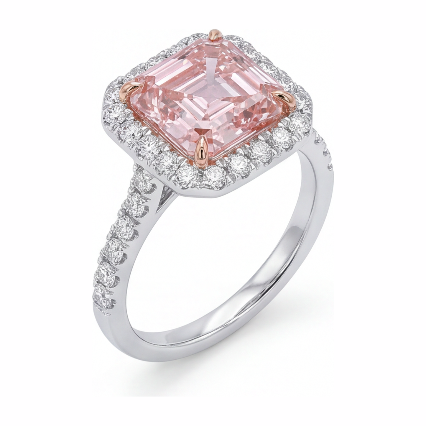 Damen-Verlobungsring mit rosa Diamant, 3,25 Karat, im Labor gezüchtet, Asscher Halo, 14 Karat Weißgold