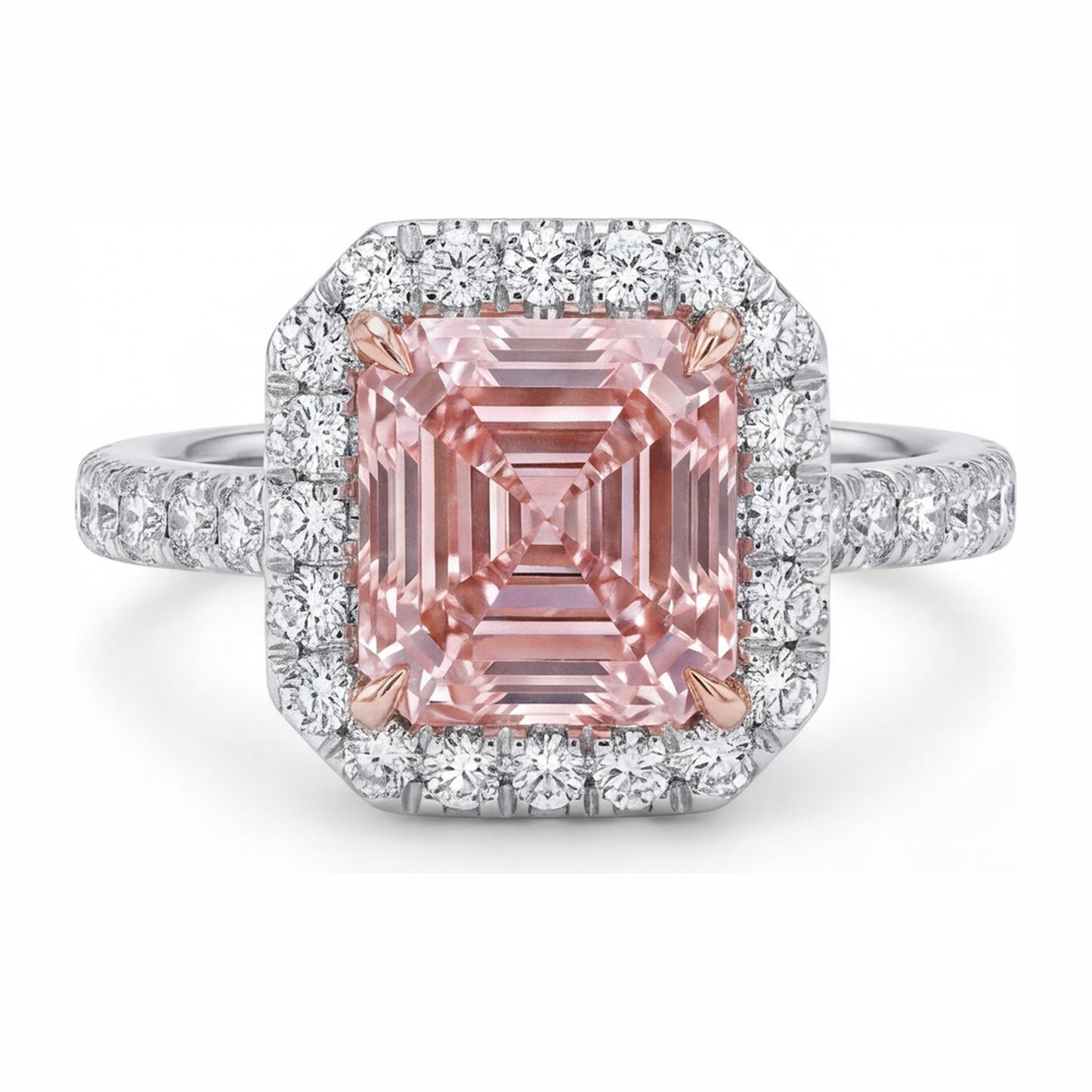 Damen-Verlobungsring mit rosa Diamant, 3,25 Karat, im Labor gezüchtet, Asscher Halo, 14 Karat Weißgold