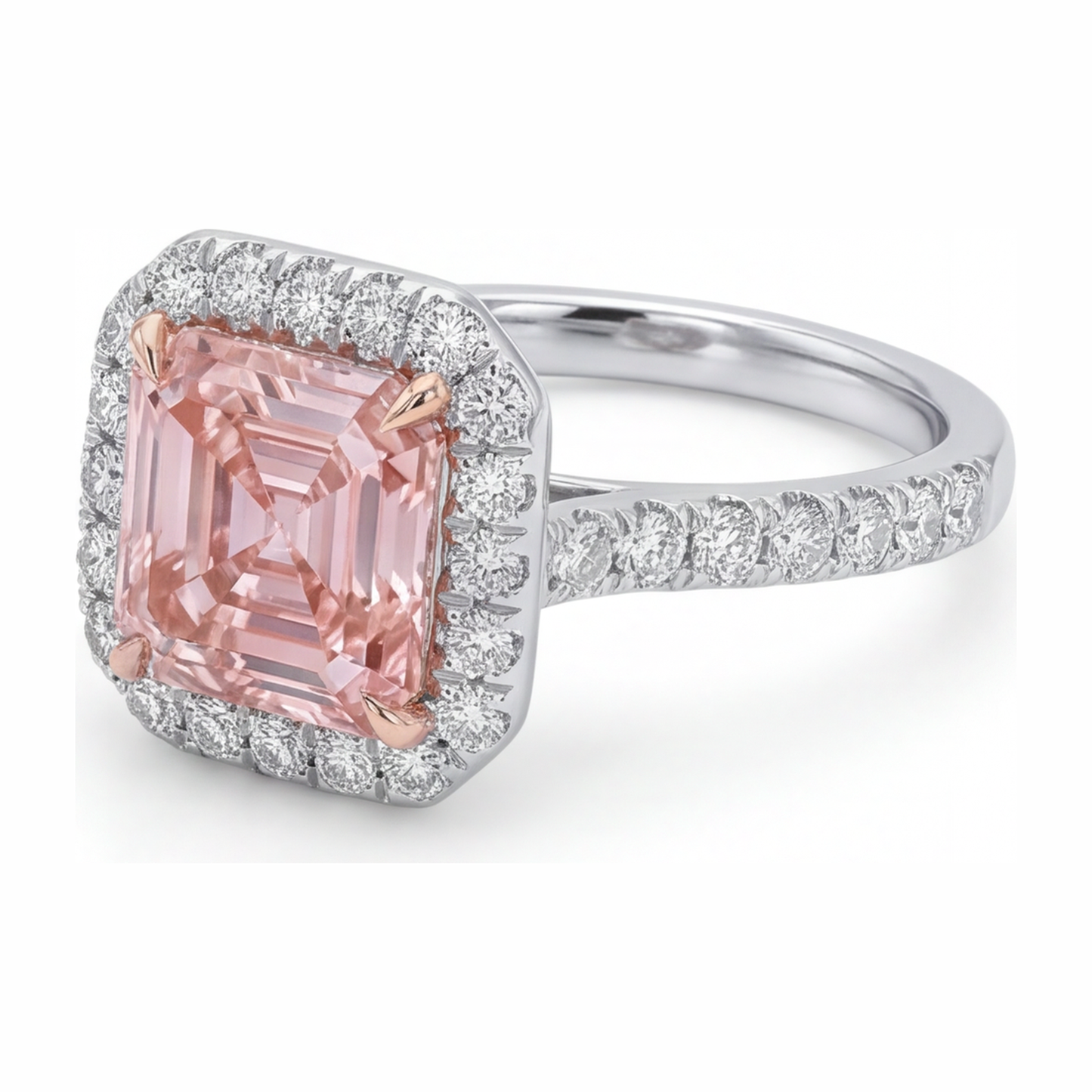 Damen-Verlobungsring mit rosa Diamant, 3,25 Karat, im Labor gezüchtet, Asscher Halo, 14 Karat Weißgold