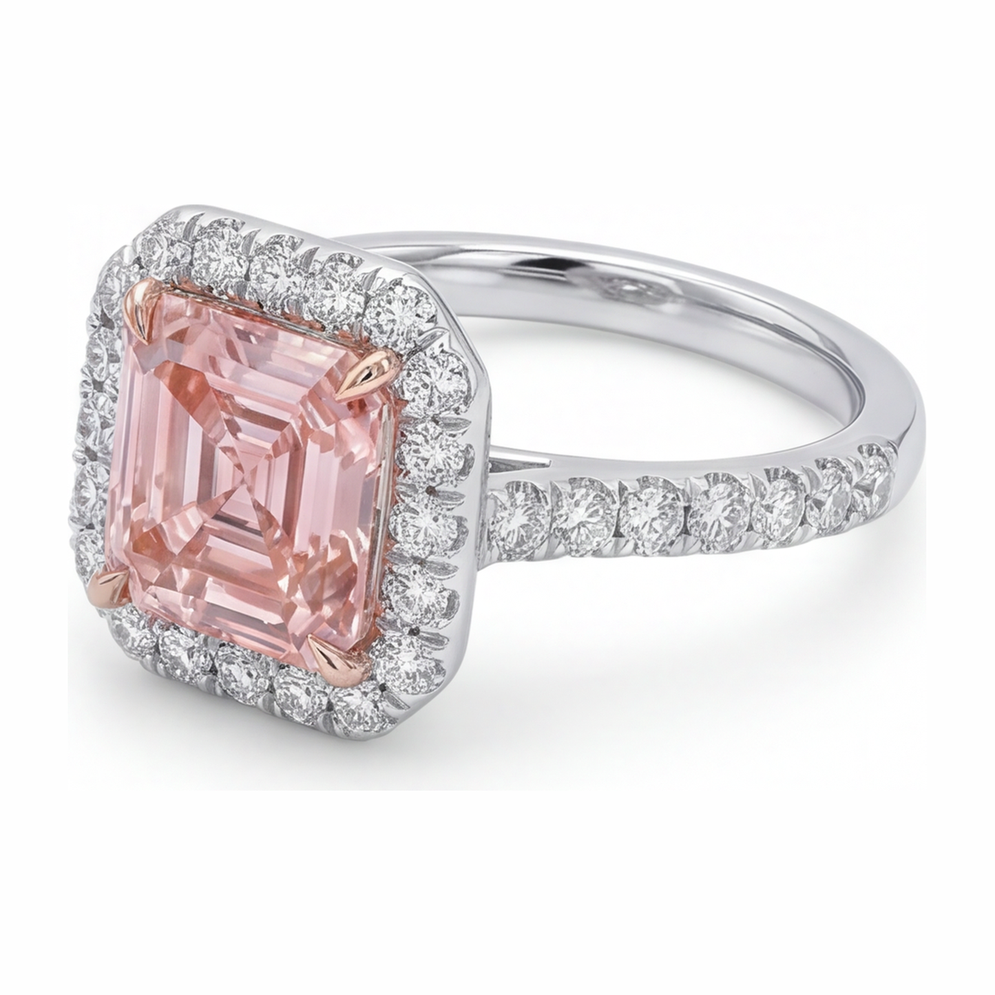Damen-Verlobungsring mit rosa Diamant, 3,25 Karat, im Labor gezüchtet, Asscher Halo, 14 Karat Weißgold