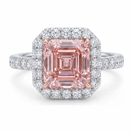 Damen-Verlobungsring mit rosa Diamant, 3,25 Karat, im Labor gezüchtet, Asscher Halo, 14 Karat Weißgold