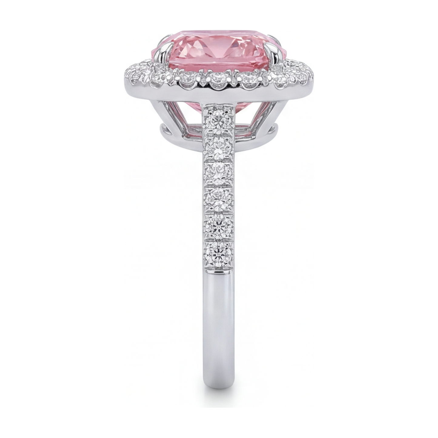 Ring mit rosa Diamant 3,25 Karat im Labor gezüchtet Kissenschliff Halo Pavé 14 Karat Weißgold