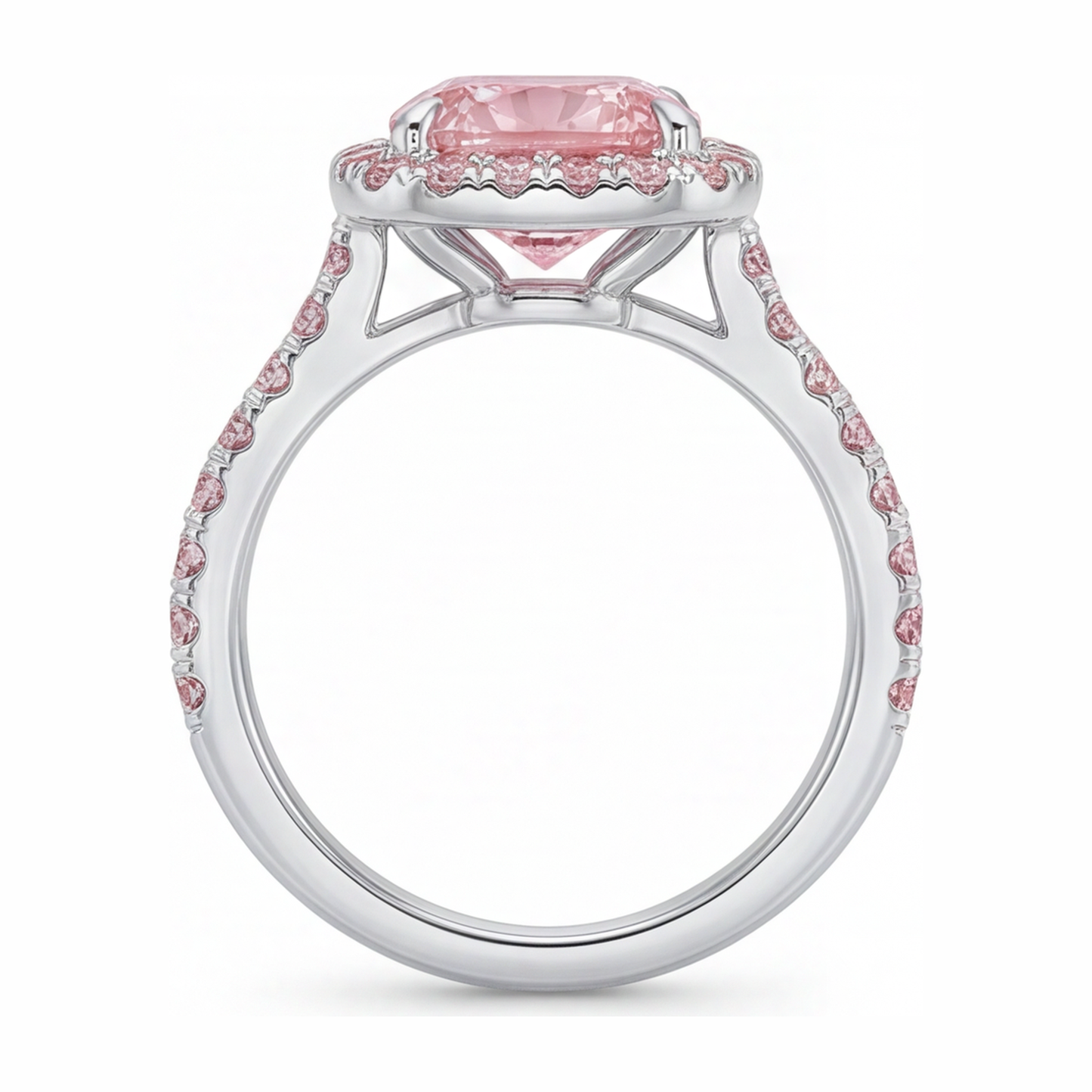 Rosa Verlobungsring 3,25 Karat im Labor gezüchteter Diamant im Kissenschliff Halo Pavé 14 Karat Weißgold