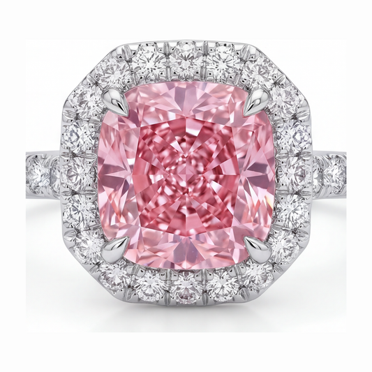 Ring mit rosa Diamant 3,25 Karat im Labor gezüchtet Kissenschliff Halo Pavé 14 Karat Weißgold
