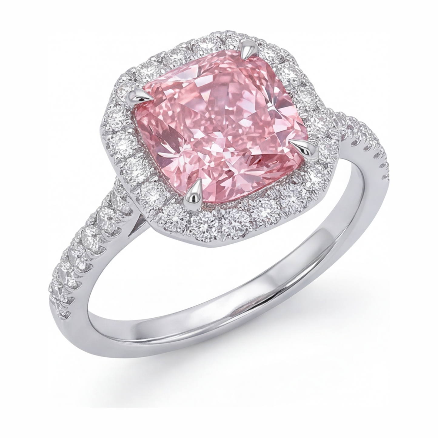 Ring mit rosa Diamant 3,25 Karat im Labor gezüchtet Kissenschliff Halo Pavé 14 Karat Weißgold