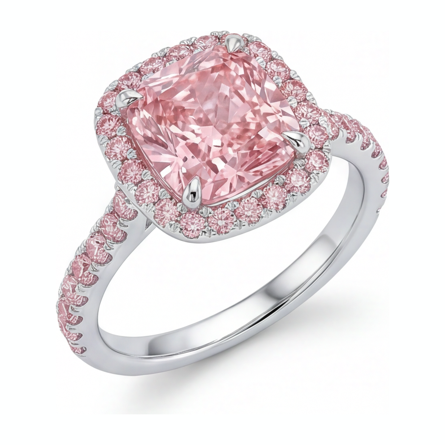 Rosa Verlobungsring 3,25 Karat im Labor gezüchteter Diamant im Kissenschliff Halo Pavé 14 Karat Weißgold