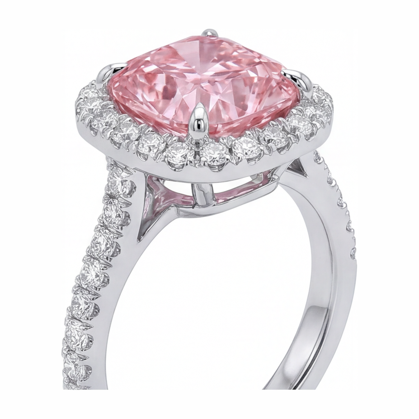 Ring mit rosa Diamant 3,25 Karat im Labor gezüchtet Kissenschliff Halo Pavé 14 Karat Weißgold